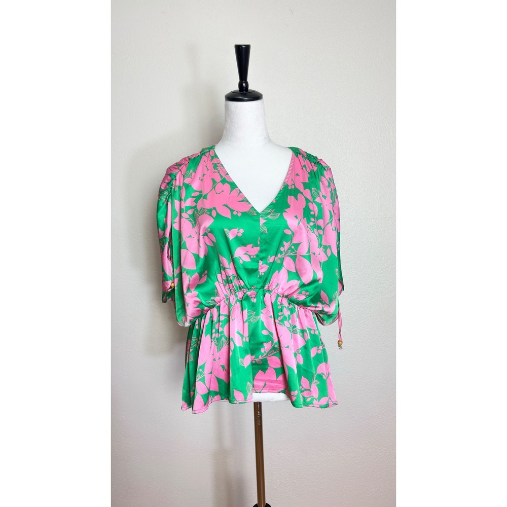 Umgee Pink & Green Floral Cinched Waist Peplum Dolman Sleeve Top Size Large Boho